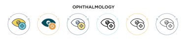 Oftalmoloji ikonu dolu, ince çizgi, özet ve vuruş stili. Mobil, ui, web için iki renkli ve siyah oftalmoloji vektör ikonu tasarımı vektör illüstrasyonu kullanılabilir