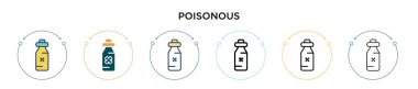 Zehirli ikon dolu, ince çizgi, ana hatlar ve vuruş stili. İki renkli ve siyah zehirli vektör simgesinin vektör illüstrasyonu mobil, ui, web için kullanılabilir