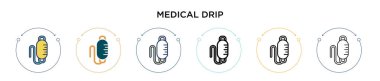 Tıbbî damlama simgesi doldurulmuş, ince çizgi, ana hatlar ve vuruş stili. Mobil, ui, web için iki renkli ve siyah medikal damlalı vektör ikonu tasarımı vektör illüstrasyonu kullanılabilir