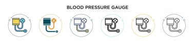 Tansiyon göstergesi simgesi doldurulmuş, ince çizgi, ana hatlar ve vuruş stili. Mobil, ui, web için iki renkli ve siyah tansiyon ölçer vektör ikonu tasarımı vektör illüstrasyonu kullanılabilir