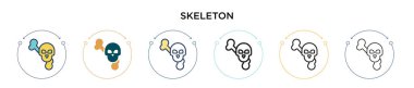 İskelet simgesi dolu, ince çizgi, özet ve vuruş stili. Mobil, ui, web için iki renkli ve siyah iskelet vektör simgesinin vektör çizimi kullanılabilir