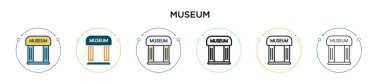 Müze ikonu, ince çizgi, özet ve vuruş stili. Mobil, ui, web için iki renkli ve siyah müze vektör ikonu tasarımı vektör illüstrasyonu kullanılabilir