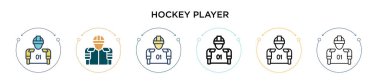 Hokey oyuncusu ikonu doldurulmuş, ince çizgi, ana hatlar ve vuruş stili. Mobil, ui, web için iki renkli ve siyah hokey oyuncusu vektör ikonu tasarımı vektör illüstrasyonu kullanılabilir
