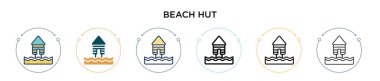 Plaj kulübesi ikonu, ince çizgi, özet ve vuruş stili. Mobil, ui, web için iki renkli ve siyah sahil kulübesi ikonu tasarımı vektör illüstrasyonu kullanılabilir