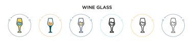 Şarap kadehi ikonu, ince çizgi, dış hatlar ve vuruş stili. Mobil, ui, web için iki renkli ve siyah şarap cam vektör ikonu tasarımı vektör illüstrasyonu kullanılabilir