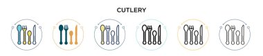 Çatal bıçak takımı ikonu, ince çizgi, özet ve vuruş stili. Mobil, ui, web için iki renkli ve siyah çatal bıçak vektör ikonu tasarımı vektör illüstrasyonu kullanılabilir