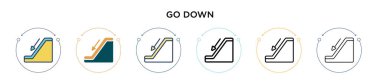 Simgeyi doldurup, ince çizgi halinde, ana hatlarıyla ve vuruş stiliyle aşağı indirin. Mobil, ui, web için iki renkli ve siyah go vektör simgelerinin vektör çizimi kullanılabilir