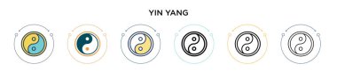 Yin yang simgesi ile doldurulmuş, ince çizgi, özet ve vuruş stili. Mobil, ui, web için iki renkli ve siyah yin yang vektör ikonu tasarımı vektör illüstrasyonu kullanılabilir