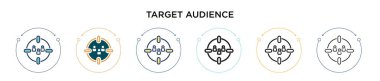 Hedef kitle simgesi doldurulmuş, ince çizgi, özet ve vuruş stili. Mobil, ui, web için iki renkli ve siyah hedef hedef izleyici ikonu tasarımı vektör illüstrasyonu kullanılabilir