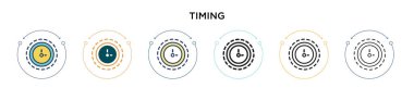 Zamanlama simgesi dolu, ince çizgi, özet ve vuruş stili. Mobil, ui, web için iki renkli ve siyah zamanlama vektör ikonu tasarımının vektör illüstrasyonu kullanılabilir