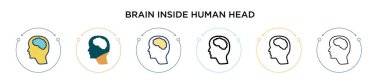 İnsan kafasının içindeki beyin simgesi. İnce çizgi halinde, ana hatlarıyla ve vuruş tarzıyla. İnsan kafa vektör simgeleri içindeki iki renkli ve siyah beynin vektör illüstrasyonu mobil, ui, web için kullanılabilir