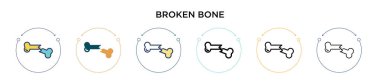 Kırık kemik ikonu dolu, ince çizgi, ana hatlar ve vuruş stili. İki renkli ve siyah kırık kemik vektör simgesi tasarımı mobil, ui, web için kullanılabilir