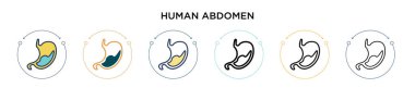 İnsan karnındaki ikon dolu, ince çizgi, ana hatlar ve vuruş stili. İki renkli ve siyah insan abdomen vektör ikonu tasarımı mobil, ui, web için kullanılabilir