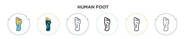 İnsan ayağı ikonu, ince çizgi, ana hatlar ve vuruş stili. Mobil, ui, web için iki renkli ve siyah insan ayak vektör ikonu tasarımı vektör illüstrasyonu kullanılabilir
