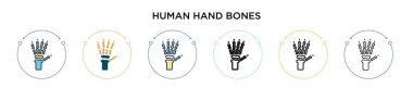 İnsan el kemikleri dolu, ince çizgi, ana hatlar ve vuruş stili. Mobil, ui, web için iki renkli ve siyah insan el kemiği vektör ikonu tasarımı vektör illüstrasyonu kullanılabilir