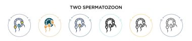 İki spermatozoon ikonu doldurulmuş, ince çizgi, ana hatlar ve vuruş stili. Mobil, ui, web için iki renkli ve siyah spermatozoon vektör ikonu tasarımı vektör illüstrasyonu kullanılabilir