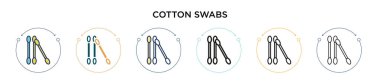 Pamuk çubukları ikonu doldurur, ince çizgi halinde, ana hatlarıyla ve vuruş stiliyle. Mobil, ui, web için iki renkli ve siyah pamuklu çubuk örneklerinin vektör çizimi vektör simgeleri kullanılabilir