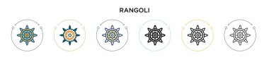 Rangoli simgesi dolu, ince çizgi, özet ve vuruş stili. Mobil, ui, web için iki renkli ve siyah rangoli vektör simgesinin vektör çizimi kullanılabilir