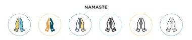 Namaste simgesi dolu, ince çizgi, özet ve vuruş stili. Mobil, ui, web için iki renkli ve siyah namaste vektör simgesinin vektör çizimi kullanılabilir