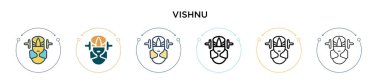 Vishnu simgesi doldurulmuş, ince çizgi, özet ve vuruş stili. Mobil, ui, web için iki renkli ve siyah vishnu vektör simgesinin vektör çizimi kullanılabilir