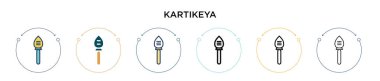 Kartikeya simgesi dolu, ince çizgi, özet ve vuruş stili. Mobil, ui, web için iki renkli ve siyah Kartikeya vektör simgesi tasarımı vektör illüstrasyonu kullanılabilir