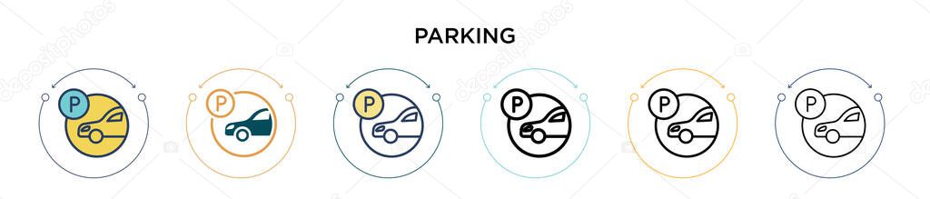 Parking icon in filled, thin line, outline and stroke style. Vector illustration of two colored and black parking vector icons designs can be used for mobile, ui, web