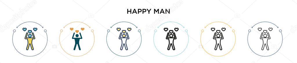 Happy man icon in filled, thin line, outline and stroke style. Vector illustration of two colored and black happy man vector icons designs can be used for mobile, ui, web