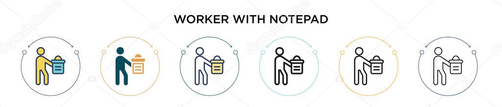 Worker with notepad icon in filled, thin line, outline and stroke style. Vector illustration of two colored and black worker with notepad vector icons designs can be used for mobile, ui, web