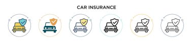 Araba sigortası ikonu, ince çizgi, özet ve vuruş stili. Mobil, ui, web için iki renkli ve siyah araba sigorta vektör ikonu tasarımı vektör illüstrasyonu kullanılabilir