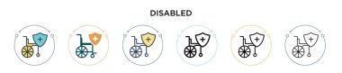 Engelli simgesi doldurulmuş, ince çizgi, özet ve vuruş stili. Mobil, ui, web için iki renkli ve siyah pasifleştirilmiş vektör simgesi çizimi kullanılabilir