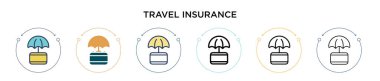 Seyahat sigortası ikonu dolu, ince çizgi, özet ve vuruş stili. Mobil, ui, web için iki renkli ve siyah seyahat sigortası ikonu tasarımı vektör illüstrasyonu kullanılabilir