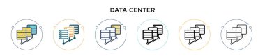 Veri merkezi simgesi doldurulmuş, ince çizgi, özet ve vuruş stili. Mobil, ui, web için iki renkli ve siyah veri merkezi vektör ikonu tasarımının vektör illüstrasyonu kullanılabilir