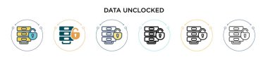 Veri kilitlenmemiş simgesi dolu, ince çizgi, özet ve vuruş stili. Kilitlenmemiş iki renkli ve siyah vektör simgesinin vektör illüstrasyonu mobil, ui, web için kullanılabilir
