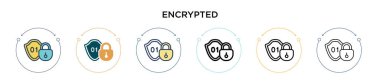 Şifrelenmiş simge dolu, ince çizgi, özet ve vuruş stili. Mobil, ui, web için iki renkli ve siyah vektör simgesinin vektör illüstrasyonu kullanılabilir