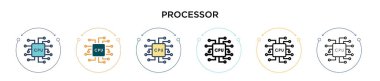 İşlemci simgesi doldurulmuş, ince çizgi, ana hatlar ve vuruş stili. Mobil, ui, web için iki renkli ve siyah işlemci vektör simgesi çizimi kullanılabilir