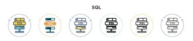 Sql simgesi dolu, ince çizgi, özet ve vuruş stili. Mobil, ui, web için iki renkli ve siyah kare vektör simgesinin vektör çizimi kullanılabilir
