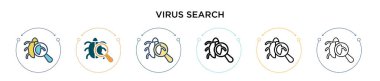 Virüs arama simgesi dolu, ince çizgi, ana hatlar ve vuruş stili. Mobil, ui, web için iki renkli ve siyah virüs vektör ikonu tasarımının vektör illüstrasyonu kullanılabilir