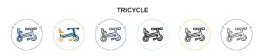 Üç tekerlekli bisiklet ikonu, ince çizgi, özet ve vuruş stili. Mobil, ui, web için iki renkli ve siyah üç tekerlekli vektör ikonlarının vektör çizimi kullanılabilir