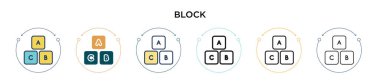 Blok simgesi doldurulmuş, ince çizgi, özet ve vuruş stili. Mobil, ui, web için iki renkli ve siyah blok vektör ikonu tasarımının vektör illüstrasyonu kullanılabilir
