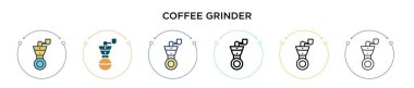 Kahve öğütücü ikonu, ince çizgi, özet ve vuruş stili. Mobil, ui, web için iki renkli ve siyah kahve öğütücü vektör simgesi tasarımı kullanılabilir