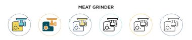 Kıyma makinesi simgesi doldurulmuş, ince çizgi, ana hatlar ve vuruş stili. Mobil, ui, web için iki renkli ve siyah et öğütücü vektör ikonu tasarımı vektör illüstrasyonu kullanılabilir