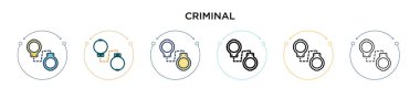 Suç ikonu dolu, ince çizgi, özet ve vuruş stili. Mobil, ui, web için iki renkli ve siyah suçlu vektör ikonu tasarımı vektör illüstrasyonu kullanılabilir
