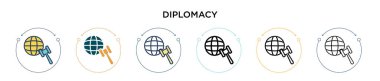Diplomasi ikonu dolu, ince çizgi, özet ve vuruş stili. İki renkli ve siyah diplomasi vektör simgesi tasarımı mobil, ui, web için kullanılabilir