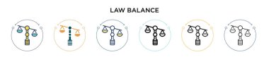 Kanun dengesi ikonu, ince çizgi, özet ve vuruş stili. Mobil, ui, web için iki renkli ve siyah yasa denge vektör simgesi tasarımı vektör illüstrasyonu kullanılabilir