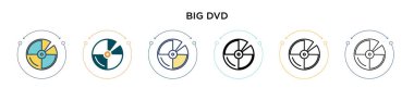 Dolu, ince çizgi, özet ve vuruş tarzında büyük bir DVD simgesi. Mobil, ui, web için iki renkli ve siyah dvd vektör simgesinin vektör çizimi kullanılabilir