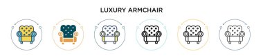 Lüks koltuk simgesi dolu, ince çizgi, taslak ve vuruş stili. Mobil, ui, web için iki renkli ve siyah koltuk vektör ikonu tasarımı vektör illüstrasyonu kullanılabilir