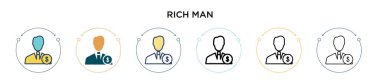 Zengin adam ikonu, ince çizgi, özet ve vuruş stili. Mobil, ui, web için iki renkli ve siyah zengin vektör ikonu tasarımı vektör illüstrasyonu kullanılabilir