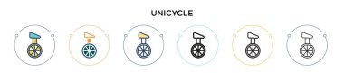 Tek tekerli bisiklet ikonu, ince çizgi, ana hatlar ve vuruş stili. Mobil, ui, web için iki renkli ve siyah tek tekerlekli vektör ikonu tasarımı vektör illüstrasyonu kullanılabilir