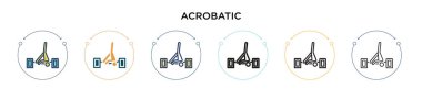 Akrobatik ikon dolu, ince çizgi, özet ve vuruş stili. Mobil, ui, web için iki renkli ve siyah akrobatik vektör ikonu tasarımı vektör illüstrasyonu kullanılabilir