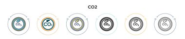 Karbondioksit simgesi doldurulmuş, ince çizgi, ana hatlar ve vuruş stili. Mobil, ui, web için iki renkli ve siyah CO2 işaret simgesi tasarımı vektör illüstrasyonu kullanılabilir